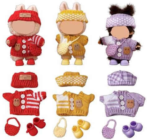 3 Sets de Ropa Tejida para Muñeca 13–17 cm – 3 Gorros, 3 Suéteres, 3 Bolsos, 3 Pares de Zapatos, Accesorios para Cambiar de Atuendo, Disfraz para Mini Muñeca de Colección (Muñeca No Incluida)