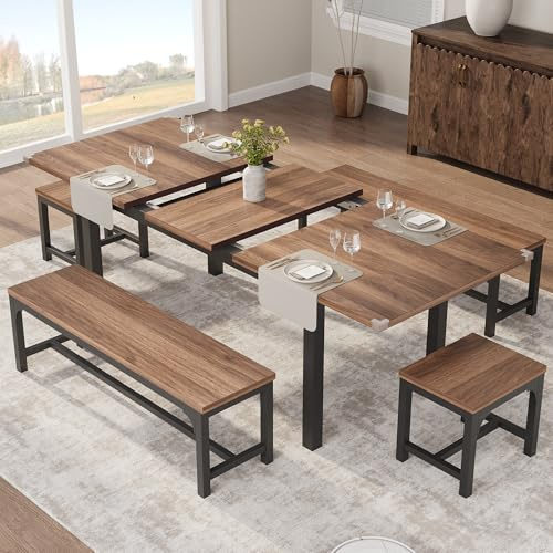 Thaookte Esstischset Esstisch Mit 2 Stühlen & 2 Bänken Set Essgruppe Für 4–8 Personen Sitzgruppe Mit Ausziehbarer Esstisch Für Küche Esszimmer Wohnzimmer, 120-160 x 77 x 70 cm