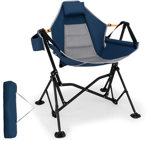 SPOTRAVEL Hammock Camping Chair, Folding Swinging Chair for Adults with Adjustable Backrest, Padded Headrest, Cup Holder & Carrying Bag, Outdoor Portable Rocking Chair (Navy, 95 x 81 x 106 cm)