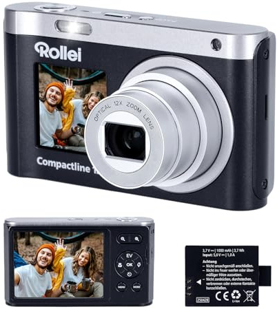 Fotocamera Digitale 64MP 4K Rollei Compactline 12X Macchina Fotografica Zoom Ottico 12X per Vlogging con Doppio Display Portatile per Principianti, Fotocamera-Digitale-Macchina-Fotografica-Camera