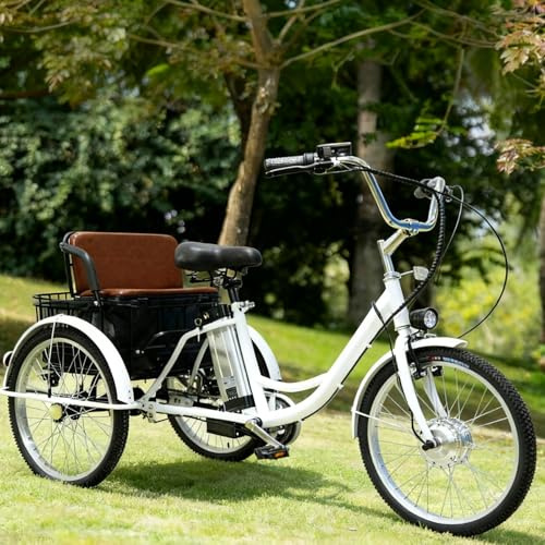 HVEMSHXH White E-Bike Dreirad für Erwachsene 24 Zoll Elektro Dreirad Fahrrad Akku mit 36V und 13Ah Reinem Elektro/Unterstützung/Pedal Männer