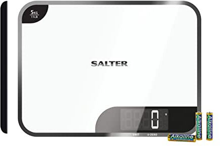 Salter 1064 WHDR Digital Kitchen Scale - 5kg Capacity, Easy Read Display, Add &Weigh/Tare Function, Measure Liquids in ml/fl.oz, Glass Platform For Baking & Cooking, Batteries Included, 17 x 23 x 1cm