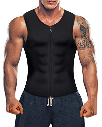 Bingrong Men Waist Trainer Vest for Weight Loss Hot Neoprene Corset Body Shaper Zipper Sauna Tank Top Workout Shirt, Black, XXL