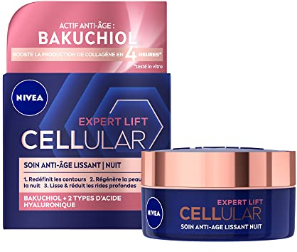 NIVEA Cellular Expert Lift - Soin Visage Anti-Age Lissant - Crème De Nuit - Lisse & Réduit Les Rides - Collagène Booster - Acide Hyaluronique & Bakuchiol Naturel - Tous Types De Peaux - 50 ml