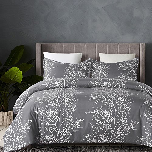 YEPINS Soft Bedding Duvet Cover Set with Zipper Closure and Corner Ties, Print Floral and Branch Pattern Design, Grey Colour- Brushed Microfiber King Size