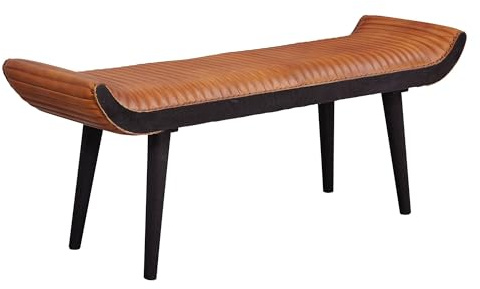 FineBuy Sitzbank 125x38x51 cm Massivholz Echtleder Braun, Retro | gepolsterte Lederbank mit stabilen Holzbeinen, Garderobenbank für Flur, Schlafzimmer und Wohnzimmer