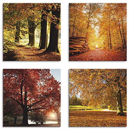 ARTLAND Wanddeko Leinwand Bilder Natur Set 4 tlg. je 30x30 cm Quadratisch Wandbilder Bäume Herbst Landschaft Park K2UQ