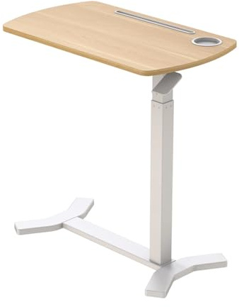 Spacetronik Beistelltisch C Form Höhenverstellbar, Weiß/Holz, Buddy-G | Versteckte Rollen, Becher- und Tablet-Halter, Gasfeder-Mechanismus, 7 kg Tragkraft