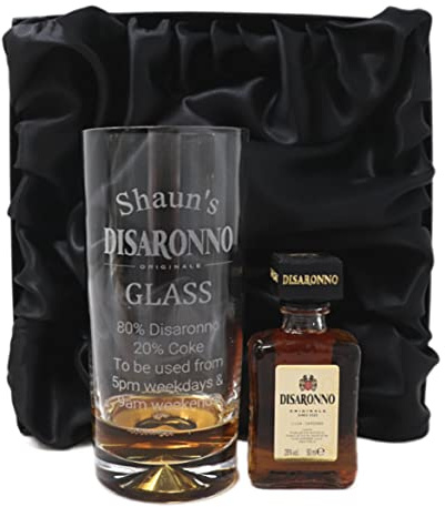 Regalo Personalised Dimple Highball Glass & Miniature - Disaronno% Design (Silk Lined Gift Box)