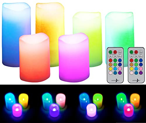 Lunartec LED-Kerzen außen: 6er-Set dimmbare RGB-LED-Kerzen mit Timer & Fernbedienung, bunt, IP44 (Garten-Kerze, Rundkerzen, farbige)