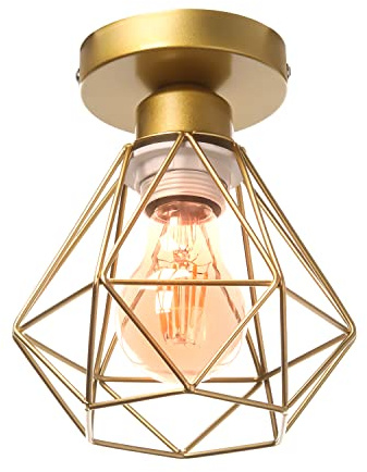 TOKIUS E27 Plafonnier Industriel Suspension Luminaire Vintage Design Lustre Métal Rétro forme Cage Ø160mm éclairage plafond 40W, Doré (1pcs)
