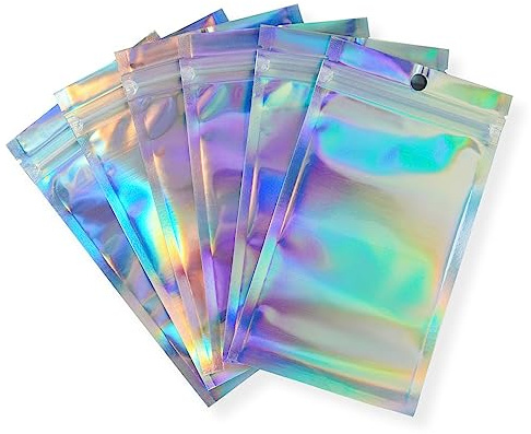 Rimiko 150 Pcs Sachets Zip Holographique Hermétiques, Sac Pochette Mylar Alimentaire Transparent, Pochons Zip Aluminium Refermables pour Emballage et Stockage des Aliments (Holographique, 12x20cm)