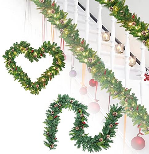 HENGMEI 8M Weihnachtsgirlande Tannengirlande mit Beleuchtung Weihnachtsdeko Girlande Künstliche Weihnachtskranz(Mit Lichterkette, 800cm)