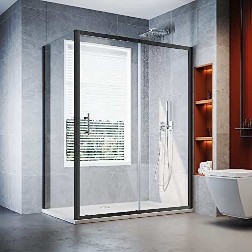 ELEGANT 1200 x 700 mm Black Sliding Shower Enclosure 6mm Glass Reversible Cubicle Door Screen Panel + Side Panel