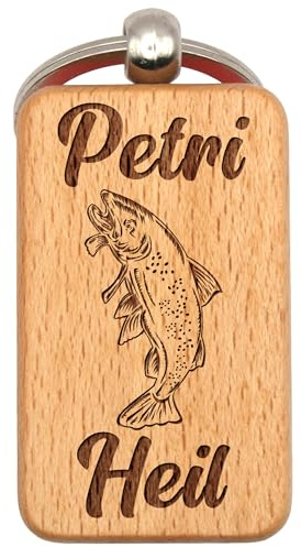 dekolaser24 Schlüsselanhänger Holz Petri Heil Angeln Angler | Handgemacht aus Buchenholz - für Angler und Angelsport-Fans - Geschenk zum Geburtstag oder Weihnachten