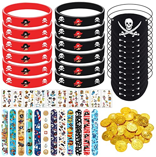 JOKILY Piraten Party Mitgebsel, 58/70 Stück Piraten Kindergeburtstag Mitgebsel mit Silikonarmband Piraten Augenklappe Piratenmünzen Tattoos, Piraten Kostüm Zubehör für Piraten Party Kindergeburtstag