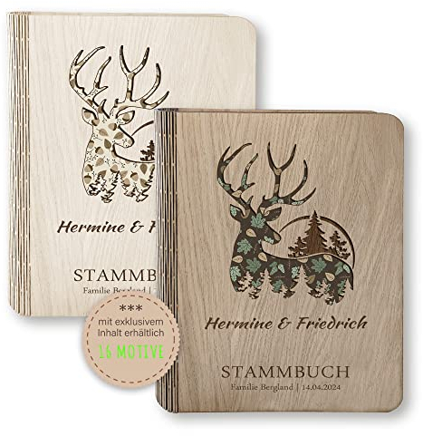 Stammbücher Holz Exklusiv Stammbuch der Familie personalisiert 16 Motive Dreri Holzbuch A5 o. A4 Familienstammbuch Hirsch beige braun Handarbeit