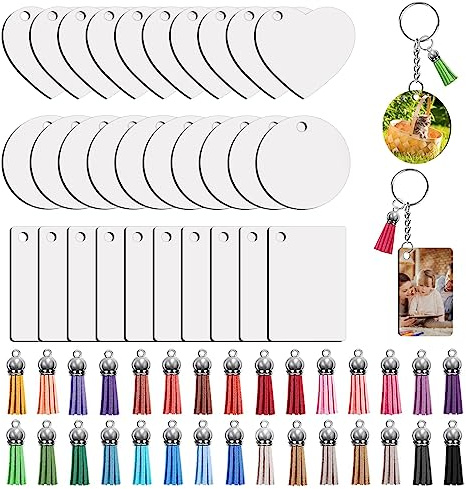 ANBOWEI 120 Stück Sublimation Schlüsselanhänger Rohlinge Set | Inkl. 3 Formen Wärmeübertragungs MDF Blanko, Schlüsselring mit Kette, Quasten Anhänger für DIY Personalisiert Basteln