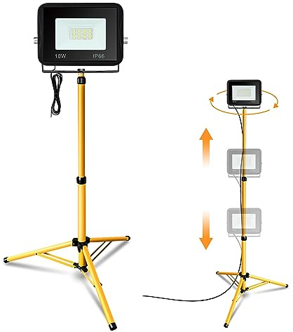 Jiubiaz Proiettori Treppiede LED Faro Faretto cavalletto telescopico, 10W 900LM Bianco Freddo per illuminazione del cantiere, altezza regolabile, impermeabile IP66 (cavo 1m, senza spina)