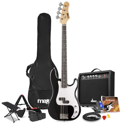 Max GigKit Electric Beginner Bass Guitar Package Plus - Complete Starter Bass Guitar Kit with Accessories & 6 Months Online Lessons for Learner Bass Guitarists - Black