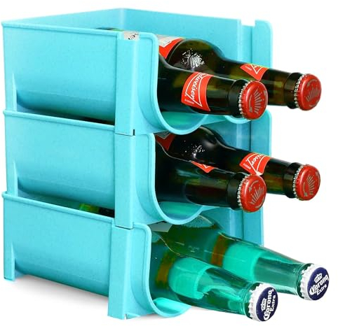 Albert Austin 3x Stackable Beer Bottle Rack Water Bottle Organiser Refrigerator Plastic Bottle Storage Organiser Beer Soda Can Wine Rack For Tabletop Fridge And Kitchen Countertop (Blue)