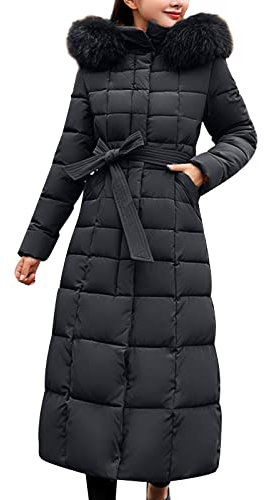 Wintermantel für Damen, lang, mit Schleife, eleganter Maximantel mit flauschigem Kragen, einfarbig, mit Kapuze, Schnürung, Kunstwolljacke mit Tasche, langärmelig, Outdoor, gepolsterte Jacken, Schwarz