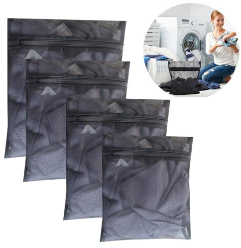 4 Stück Wäschenetz für Waschmaschine, Wäschesack Wäschebeutel mit Reißverschluss Wäschesäckchen Laundry Bag für BH, Socken, Unterwäsche, Babykleidung in 3 Größen(Schwarz)