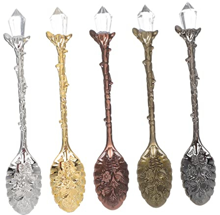 OUNONA 5pcs Zinc Alloy Dessert Spoons, Decorative Stirring Spoons Smooth Edges, Sturdy Serving Utensils for Coffee, Ice Cream and Cake Random Color
