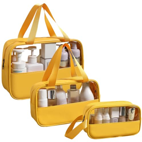 kamumanni Travel Toiletry Bag, Clear Toiletry Bag Set, 3 Pcs Toiletry Bag for Skincare Products, Cosmetics, Portable Wash Bag Shower Bag (Solid Yellow)