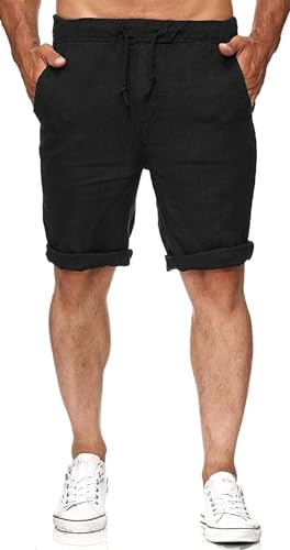 Runcati Pantalon court en lin pour homme, léger, estival, avec élastique, pour le temps libre, avec 2 poches, Noir , M