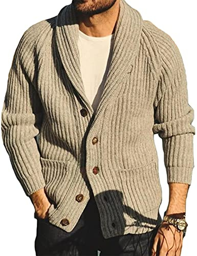 Runcati Mens Cardigan Knitted Chunky Jacket Shawl Collar Cable Knit Loose V Neck Knitwear Outerwear