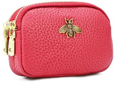 QIUTIMIY Pequeña billetera de cuero para damas para efectivo, mini billetera, bolsa con doble cremallera con llavero, rojo