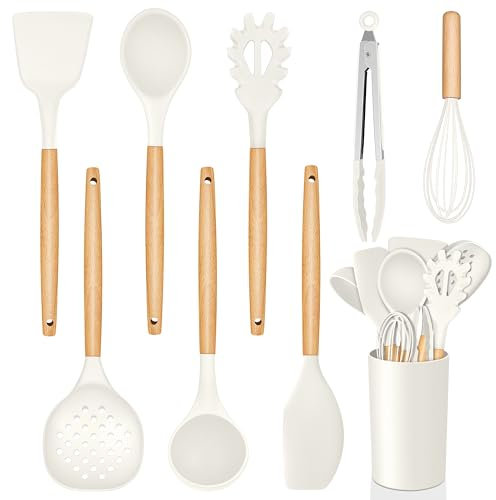 Homikit Juego de utensilios de cocina con mango de madera, 9 unidades, color blanco