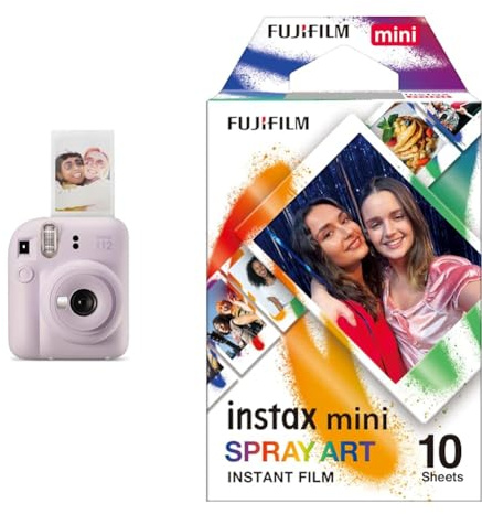 Fujifilm instax Mini Appareil Photo instantané 12, Exposition Automatique avec Objectif Selfie intégré, Violet Lilas & Mini Film Spray Art Border, 10 Shot Pack Multicolore