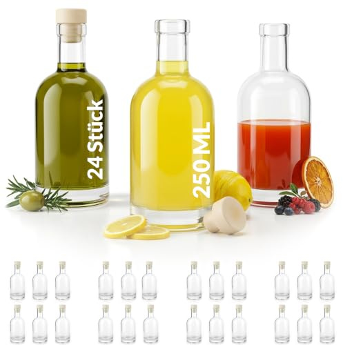 casavetro 24 Glasflaschen 250ml – Likörflaschen, Schnapsflaschen 0,25 Liter zum Befüllen – Kleine Flaschen für Geschenke mit Korken Nokturne
