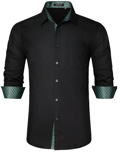 HISDERN Herrskjorta med inre kontrast vardaglig formell klassisk button-down-klänning skjortor långärmad rutig krage normal passform, Svart/marinblått, 3XL