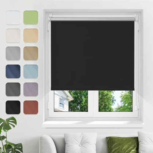 Verdunkelungsrollo ohne Bohren Klemmfix B75xH130cm Schwarz Verdunklungsrollo Fensterrollo Thermorollo Rollo Seitenzugrollo Klemmrollos für Fenster