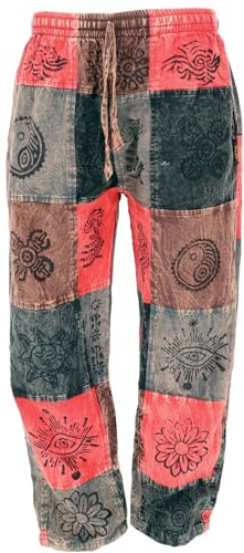 GURU SHOP Patchwork Stonewash Yogahose, Unisex Goa Baumwoll Hose - Rot, Herren, Size:XXL