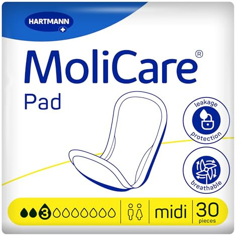 MoliCare Pad 3 Tropfen Inkontinenzeinlagen für Frauen und Männer bei leichter Blasenschwäche, Geruchsneutralisation, Auslaufschutz, fortschrittlicher Hautschutz, 30 Stück