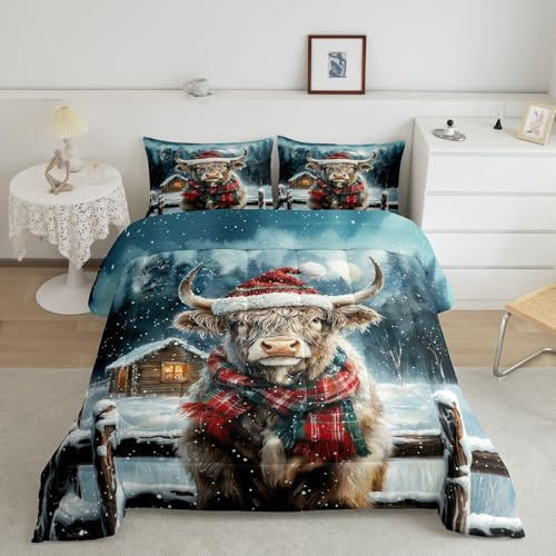 Homewish Highland Cow Coverless Duvet Single Winter Christmas Bedding Set For Kids Boys Girls Adults,Xmas Rustic Farm Animal Duvet Set Farmhouse Cabin Quilt Duvet Bedroom Decor 2 Pcs, Microfiber