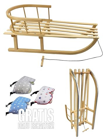 Kinderschlitten 90 cm mit Rückenlehne - Holzschlitten aus massivem Buchenholz - Rodelschlitten Schneeschlitten Davoser mit Leine & Griff - robuste Kufen mit Leichtlauf-Stahlkufenbeschlägen