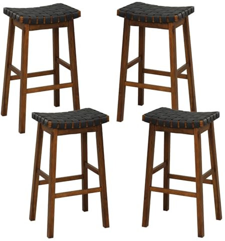 Moderne Sattelhocker aus PU-Leder, ergonomisch, gebogener Sitz, Küchentheke, Höhe Stühle mit Fußstützen, stilvolles Akazienholz, Frühstücksbar, Möbel für Esszimmer, 46 x 37 x 78 cm, 4 Stück