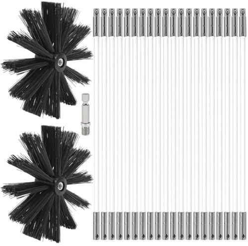MOCNT Skorsten rengöringsborste kit nylon roterande kanal ventilationsrengöringssats flexibel skorsten sopkit sot rengöringsstänger för öppen spis torkare ventil 20 flexibla stavar 2 borsthuvud 200 mm