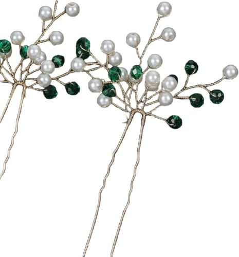 Whakano 2 Stück Haarschmuck,Perlen U-Förmige Clip,Hochzeit Haarspangen Kristall Haarnadeln,Brautschmuck,Kopfschmuck für Haare,für Party Prom Hochzeit Abendessen Kommunion Bankett,Grün