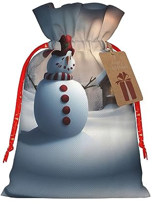 HJLUUFT Jutebeutel mit 3 Weihnachtsmotiven, Schneemann, Weihnachtsgeschenktasche mit Kordelzug und Geschenkanhänger, für Hochzeit, Weihnachten, Party