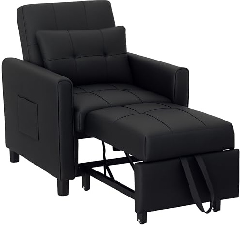 HOMCOM Compact Single Chair Bed, Pull Out Bed, Convertible Sleeper Chair with Adjustable Backrest, Pillow, Side Pockets for Home Office, Bedroom, Living Room, Black
