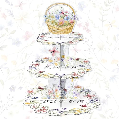 Wildflower Cupcake Stand 3 Tier for 24 Cupcakes, Wild Flower Theme Cardboard Holder Tower for Baby in Bloom Baby Shower Decorations Spring Flowers Garden Floral Themed Birthday Party Decor