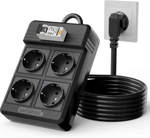 SAFEMORE Steckdosenleiste mit integriertem FI-Schutzschalter, 4-Fach RCD mit 16A/250V FI/LS-Schalter, FI-Steckdosenleiste 4000W mit 3m Verlängerungskabel und 30mA RCBO-Leistungsschalter (Schwarz)