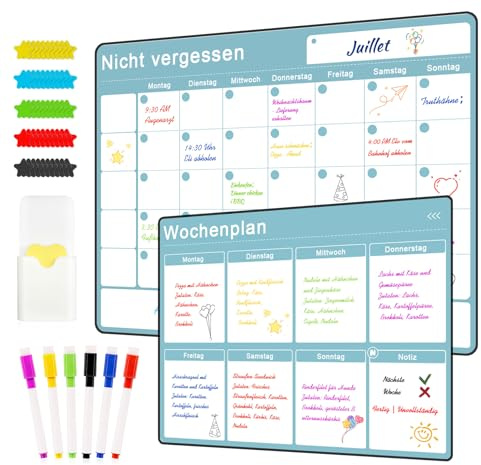 Agoer Magnetisk veckoplanerare, set med 2, A3-kylskåp, torr radering, veckoplanerare + månadsplanerare + meny, tvättbar som familjeplanerare, måltidsplanerare, städplanerare eller