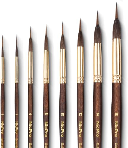 Nicpro 8 Pinceles Acuarela Profesionales, Set Pinceles de Punta de Aguja extendida, de Marta con Punta sintética extralarga para Detalles Finos - Acuarela, acrílico, Gouache y tintas